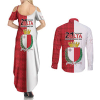 Malta Independence Day Couples Matching Summer Maxi Dress and Long Sleeve Button Shirt Flag Style with Coat of Arms