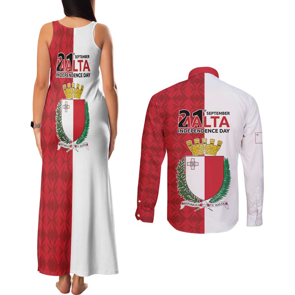 Malta Independence Day Couples Matching Tank Maxi Dress and Long Sleeve Button Shirt Flag Style with Coat of Arms
