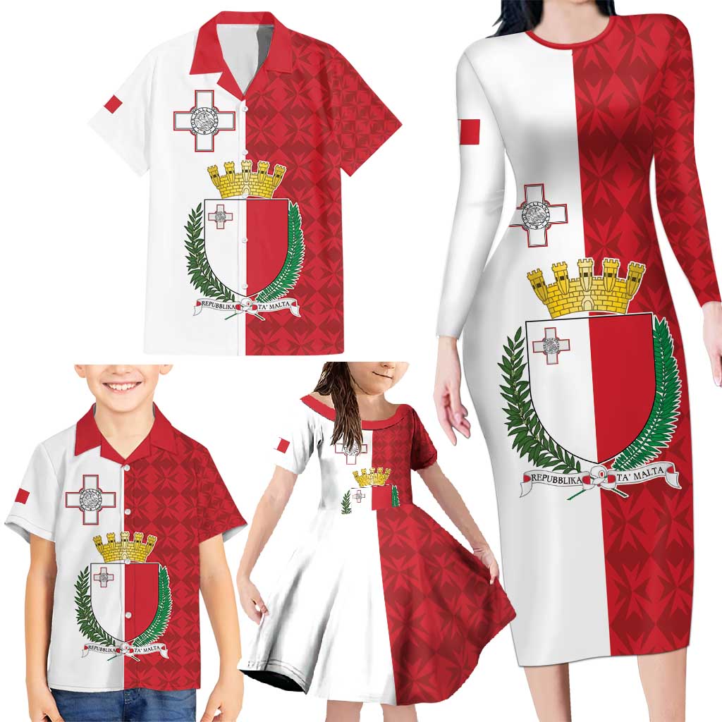 Malta Independence Day Family Matching Long Sleeve Bodycon Dress and Hawaiian Shirt Flag Style with Coat of Arms
