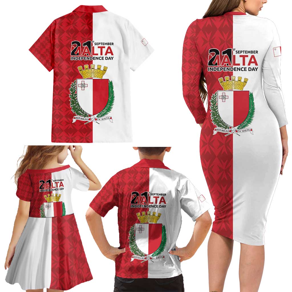 Malta Independence Day Family Matching Long Sleeve Bodycon Dress and Hawaiian Shirt Flag Style with Coat of Arms