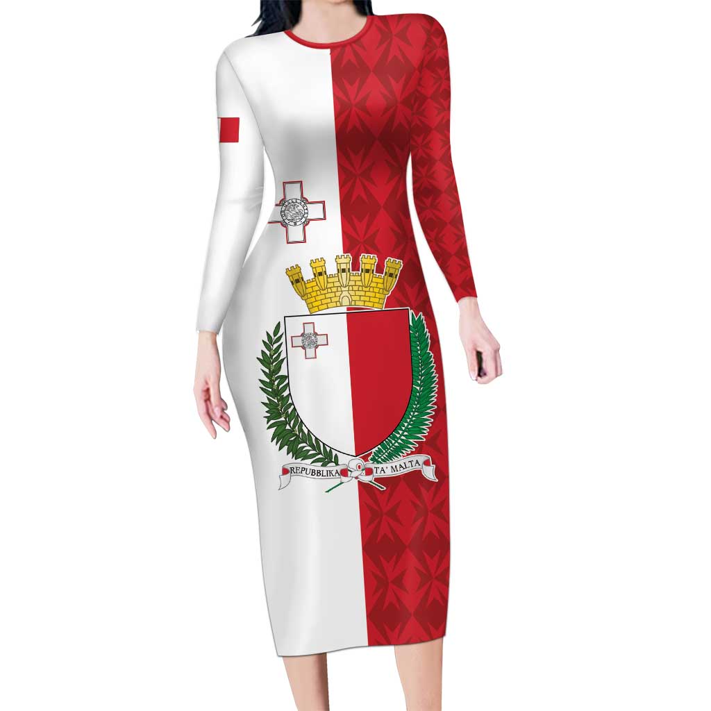 Malta Independence Day Family Matching Long Sleeve Bodycon Dress and Hawaiian Shirt Flag Style with Coat of Arms