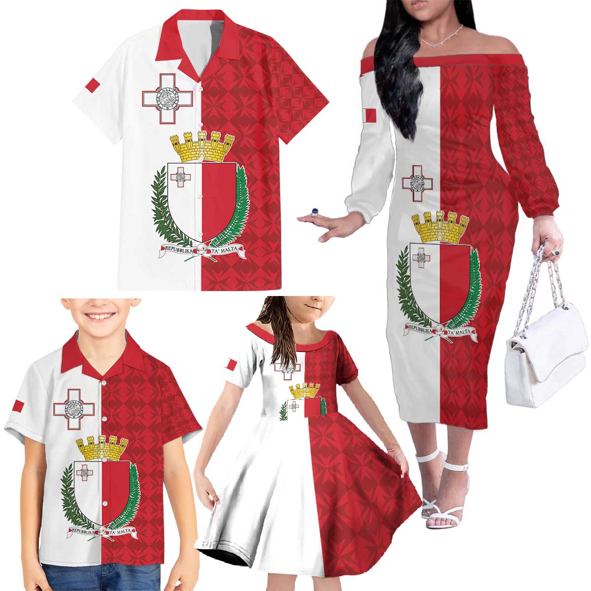 Malta Independence Day Family Matching Off The Shoulder Long Sleeve Dress and Hawaiian Shirt Flag Style with Coat of Arms