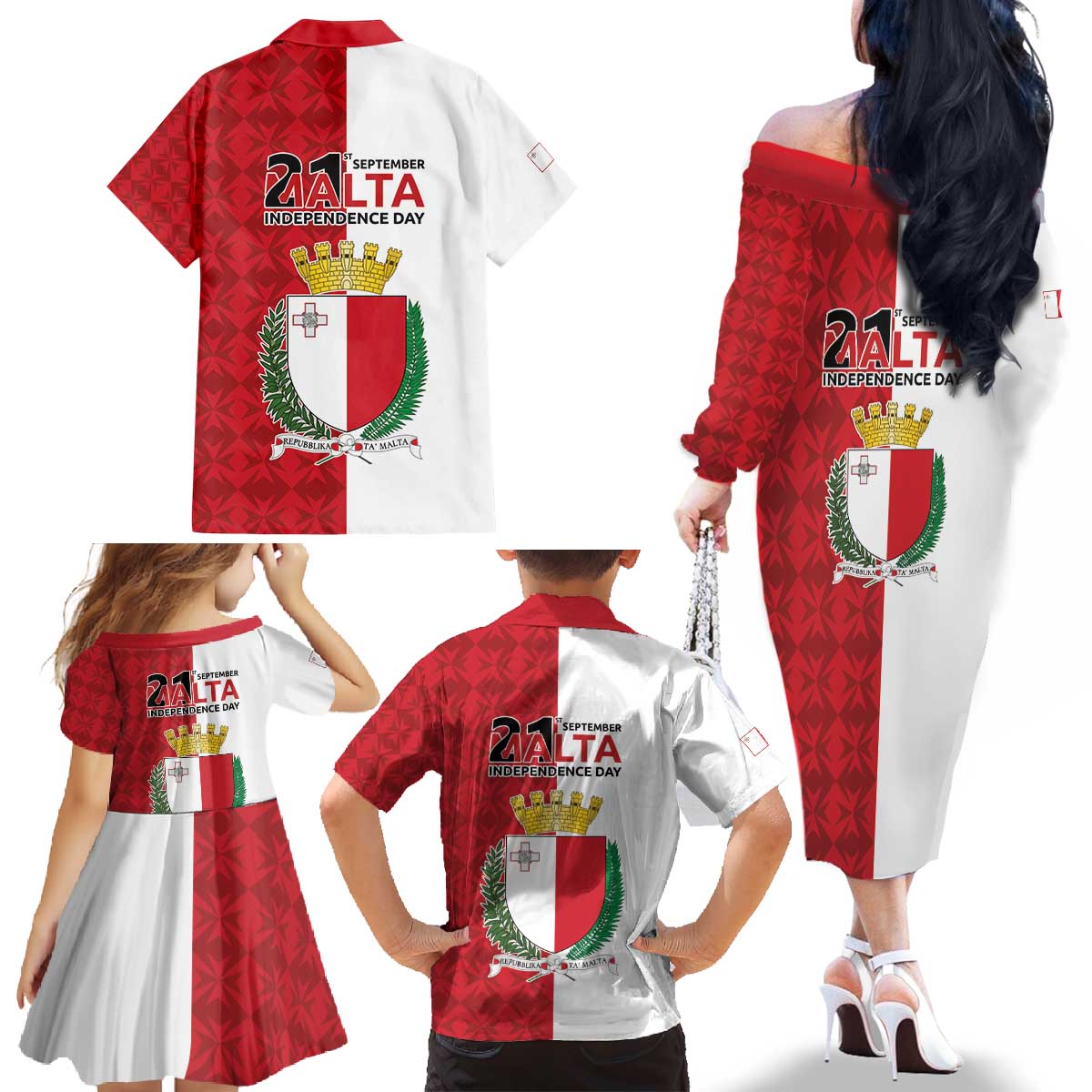 Malta Independence Day Family Matching Off The Shoulder Long Sleeve Dress and Hawaiian Shirt Flag Style with Coat of Arms