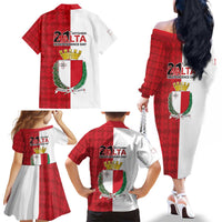 Malta Independence Day Family Matching Off The Shoulder Long Sleeve Dress and Hawaiian Shirt Flag Style with Coat of Arms