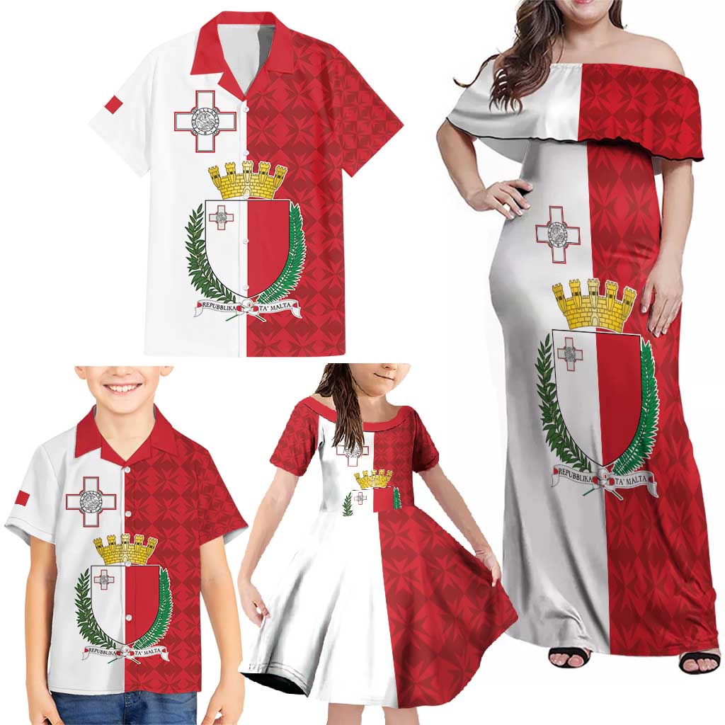 Malta Independence Day Family Matching Off Shoulder Maxi Dress and Hawaiian Shirt Flag Style with Coat of Arms