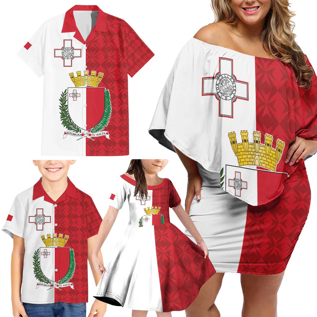 Malta Independence Day Family Matching Off Shoulder Short Dress and Hawaiian Shirt Flag Style with Coat of Arms