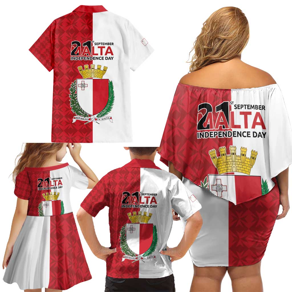 Malta Independence Day Family Matching Off Shoulder Short Dress and Hawaiian Shirt Flag Style with Coat of Arms