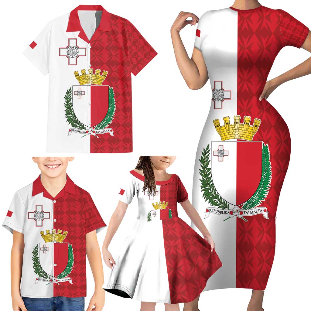 Malta Independence Day Family Matching Short Sleeve Bodycon Dress and Hawaiian Shirt Flag Style with Coat of Arms