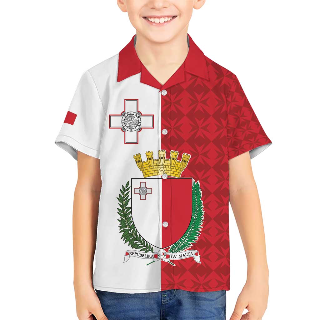 Malta Independence Day Kid Hawaiian Shirt Flag Style with Coat of Arms