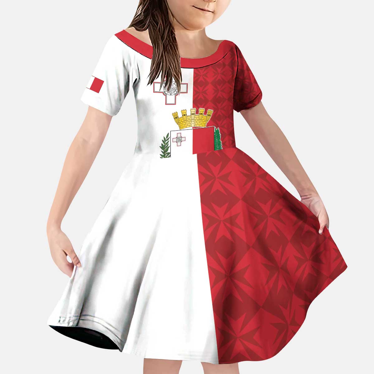 Malta Independence Day Kid Short Sleeve Dress Flag Style with Coat of Arms
