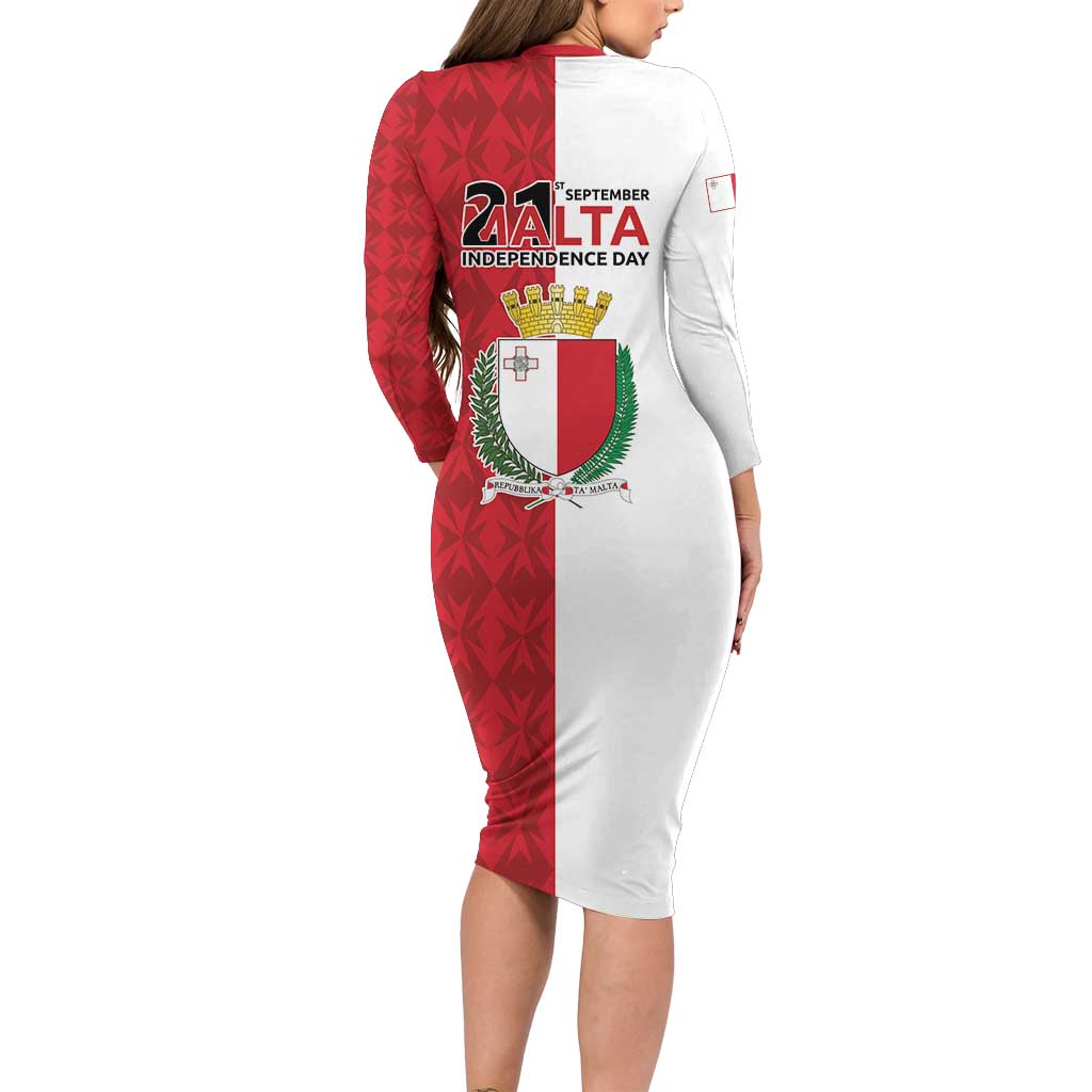 Malta Independence Day Long Sleeve Bodycon Dress Flag Style with Coat of Arms