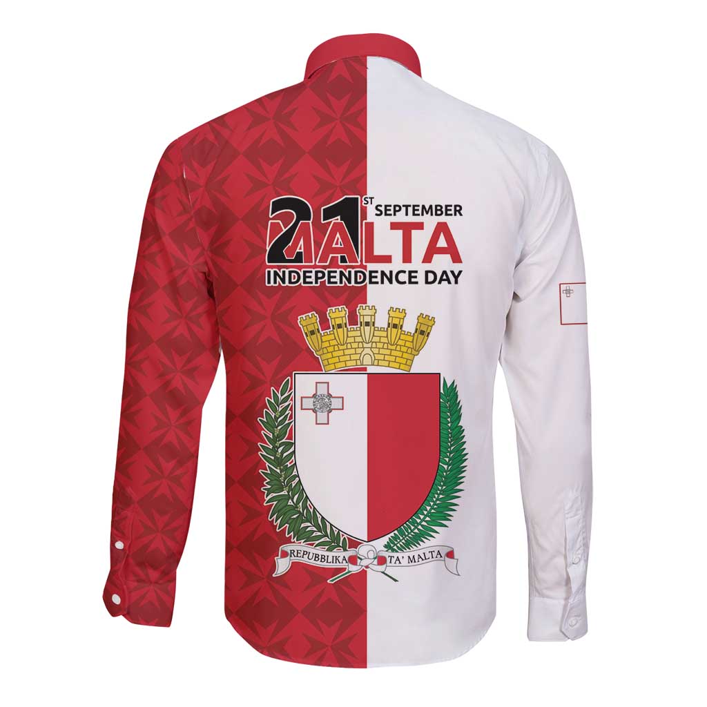 Malta Independence Day Long Sleeve Button Shirt Flag Style with Coat of Arms