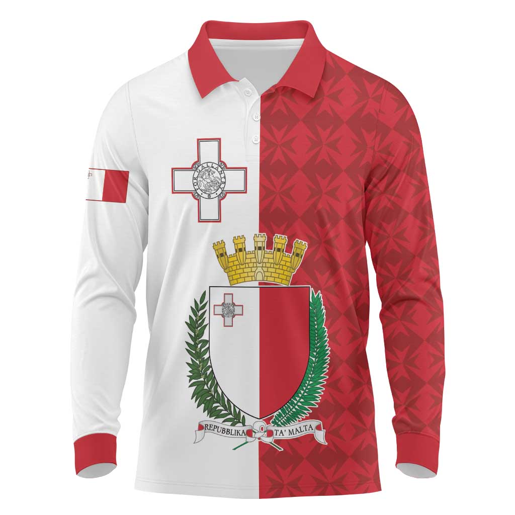 Malta Independence Day Long Sleeve Polo Shirt Flag Style with Coat of Arms