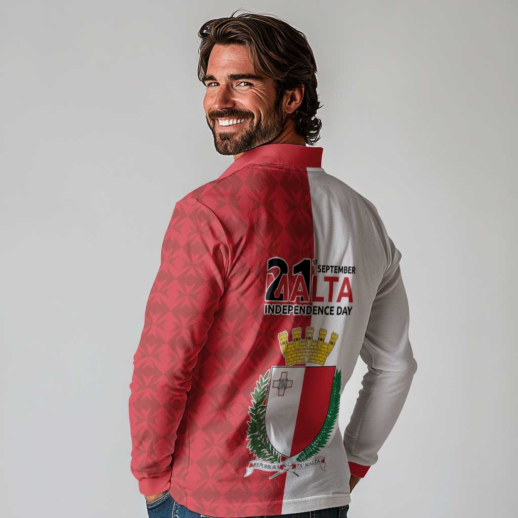 Malta Independence Day Long Sleeve Polo Shirt Flag Style with Coat of Arms