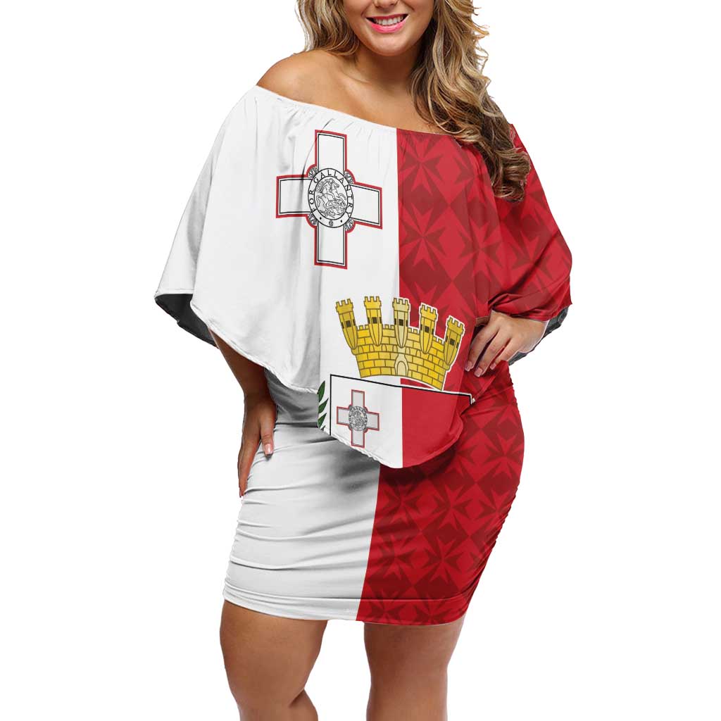 Malta Independence Day Off Shoulder Short Dress Flag Style with Coat of Arms