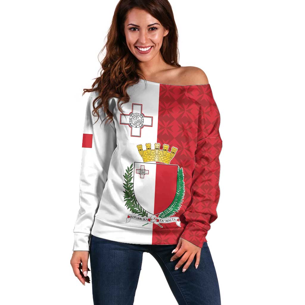 Malta Independence Day Off Shoulder Sweater Flag Style with Coat of Arms