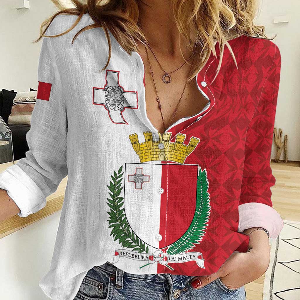 Malta Independence Day Women Casual Shirt Flag Style with Coat of Arms