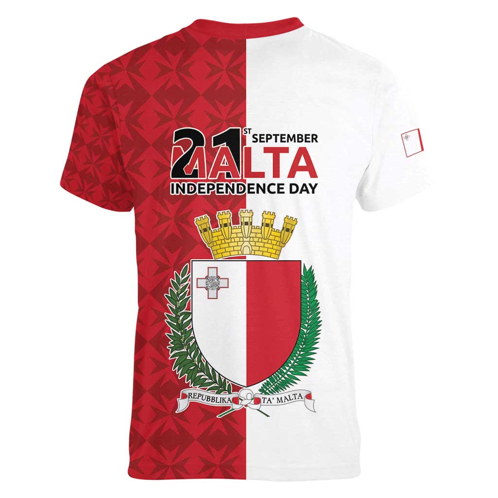 Malta Independence Day Women V-Neck T-Shirt Flag Style with Coat of Arms