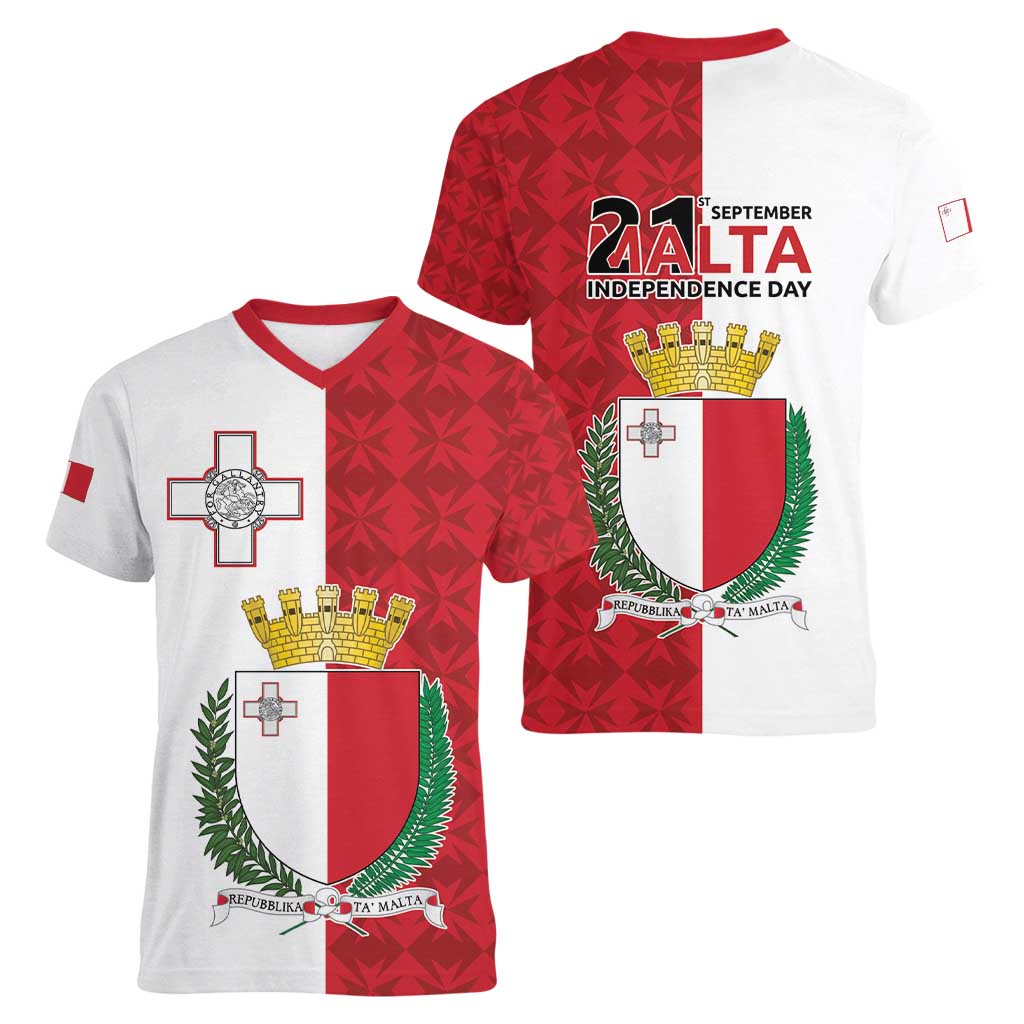 Malta Independence Day Women V-Neck T-Shirt Flag Style with Coat of Arms