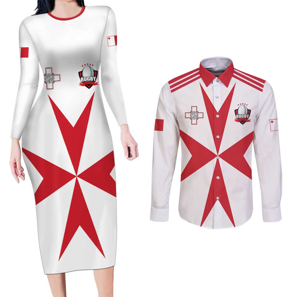 Custom Malta Rugby Couples Matching Long Sleeve Bodycon Dress and Long Sleeve Button Shirt Maltese Cross