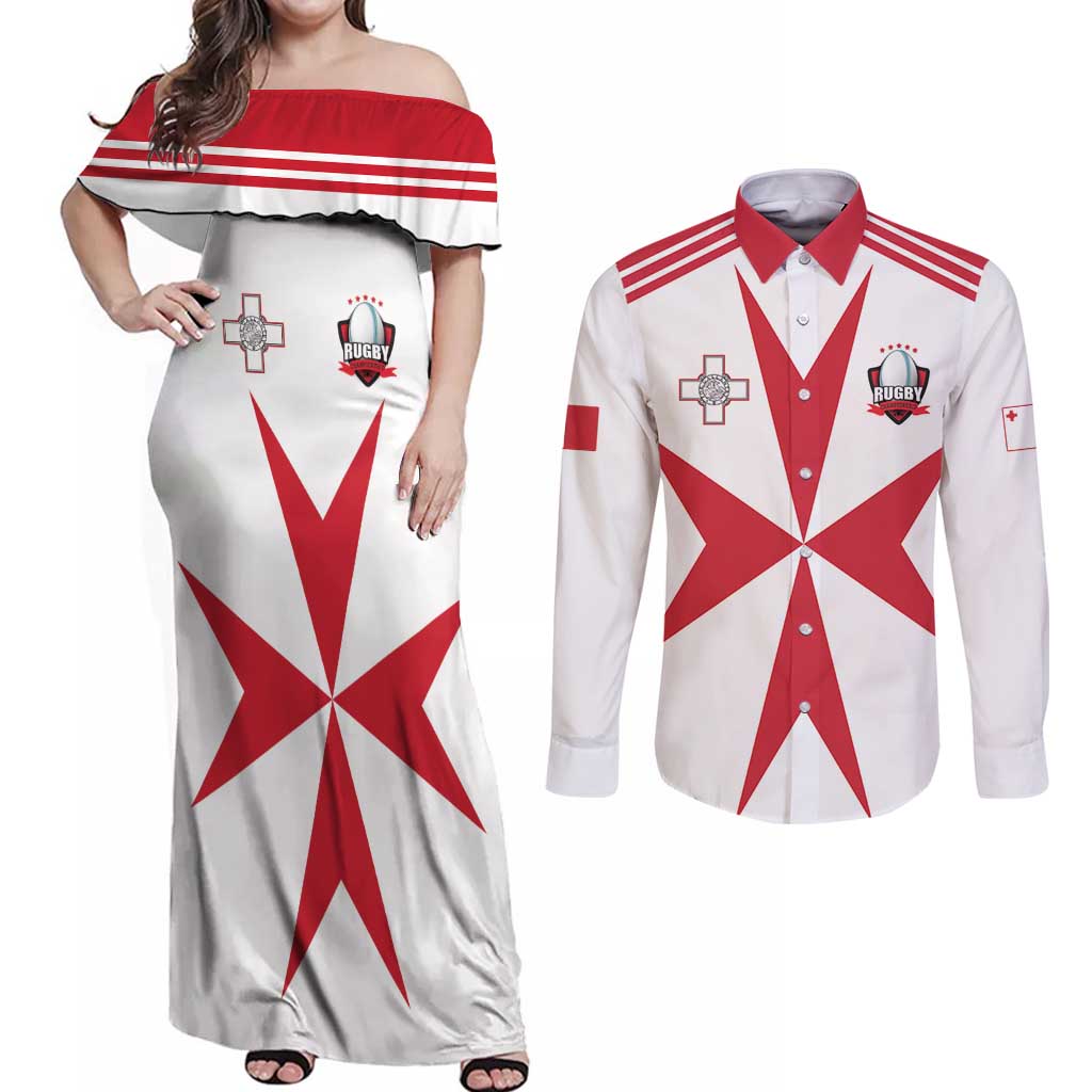 Custom Malta Rugby Couples Matching Off Shoulder Maxi Dress and Long Sleeve Button Shirt Maltese Cross