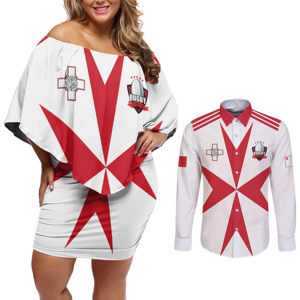 Custom Malta Rugby Couples Matching Off Shoulder Short Dress and Long Sleeve Button Shirt Maltese Cross