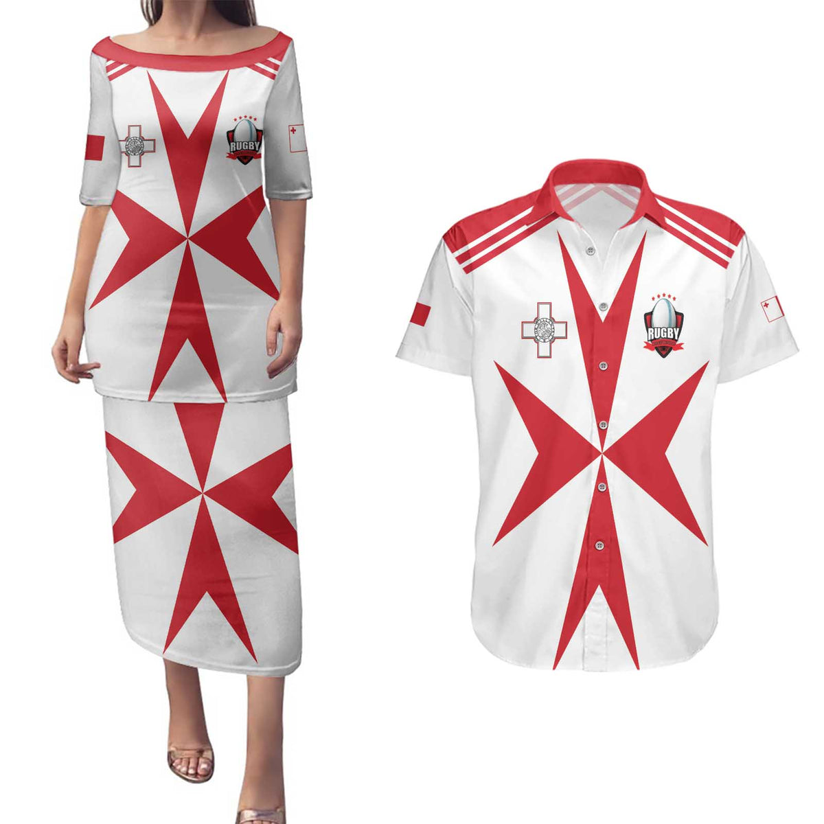 Custom Malta Rugby Couples Matching Puletasi and Hawaiian Shirt Maltese Cross