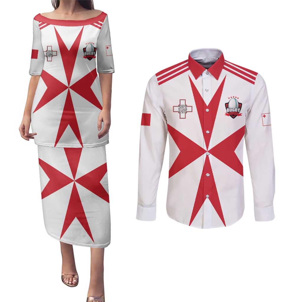 Custom Malta Rugby Couples Matching Puletasi and Long Sleeve Button Shirt Maltese Cross