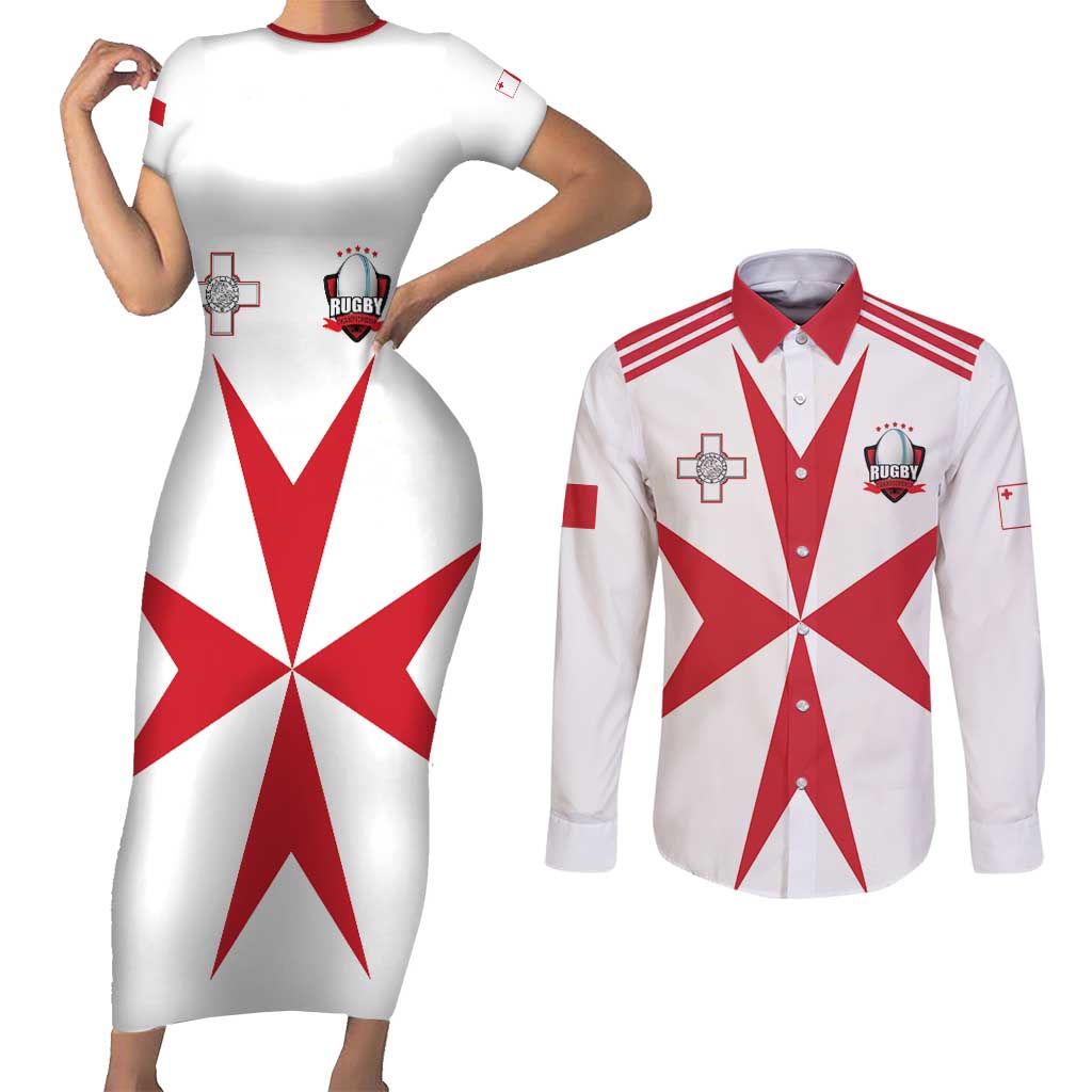 Custom Malta Rugby Couples Matching Short Sleeve Bodycon Dress and Long Sleeve Button Shirt Maltese Cross