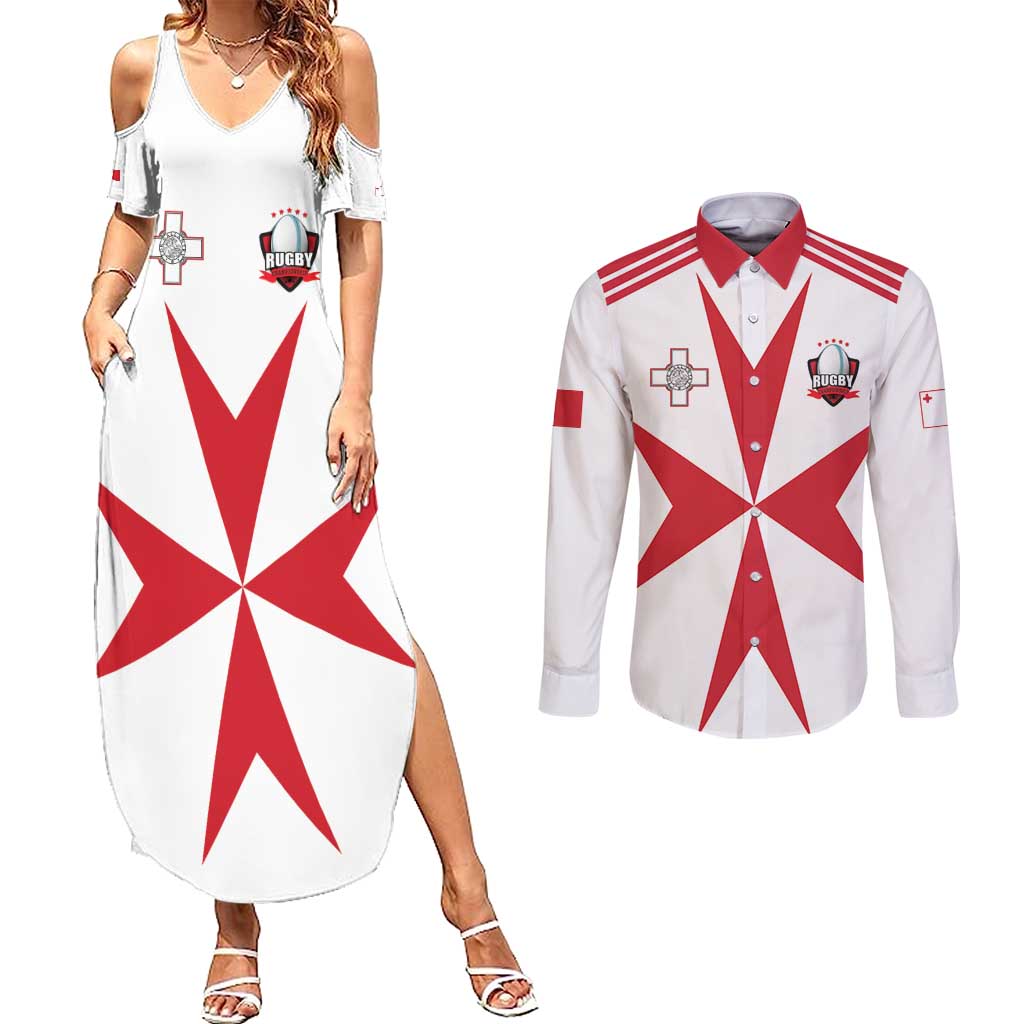 Custom Malta Rugby Couples Matching Summer Maxi Dress and Long Sleeve Button Shirt Maltese Cross