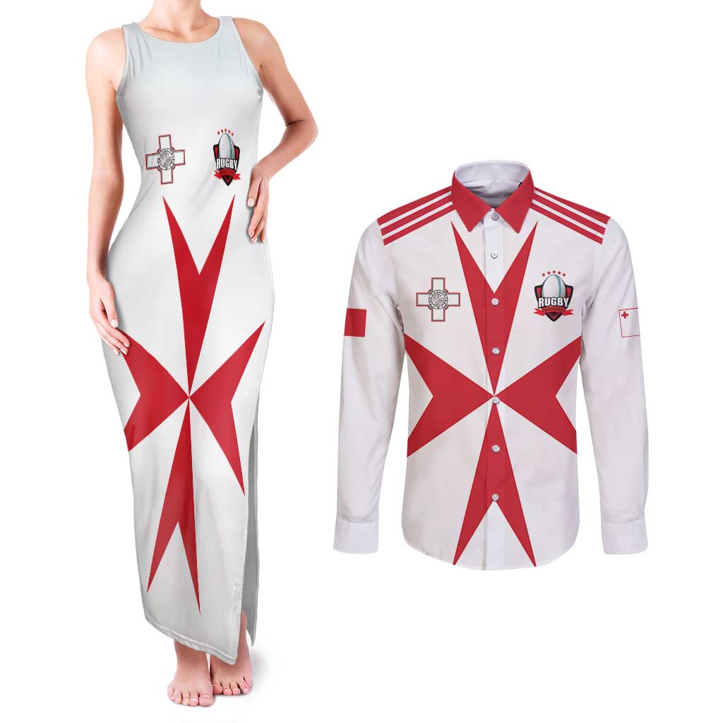Custom Malta Rugby Couples Matching Tank Maxi Dress and Long Sleeve Button Shirt Maltese Cross