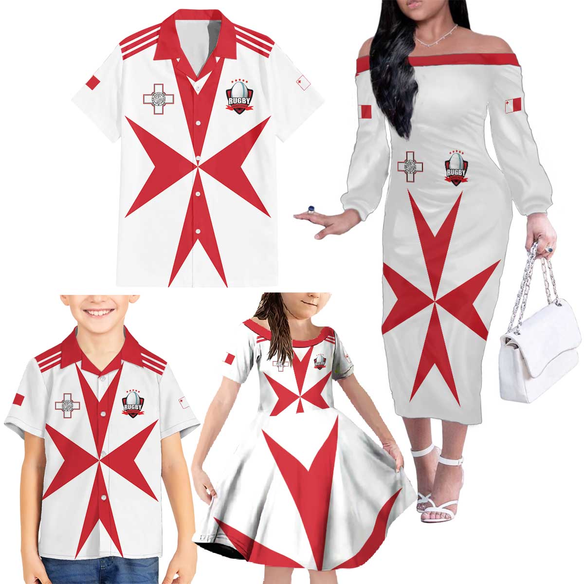 Custom Malta Rugby Family Matching Off The Shoulder Long Sleeve Dress and Hawaiian Shirt Maltese Cross