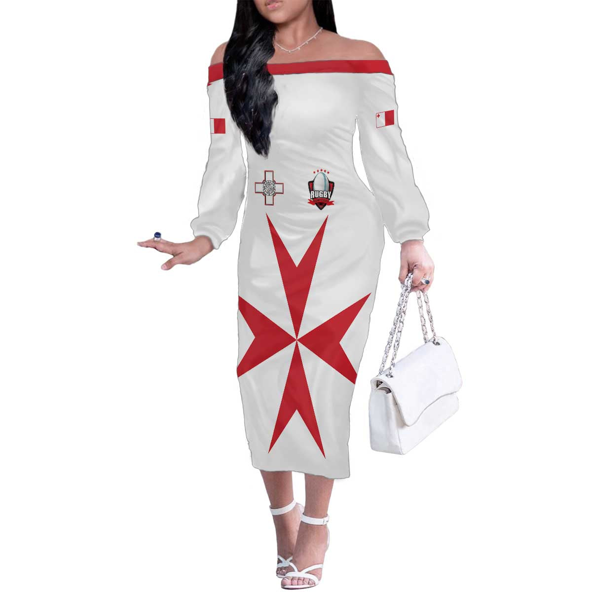 Custom Malta Rugby Family Matching Off The Shoulder Long Sleeve Dress and Hawaiian Shirt Maltese Cross