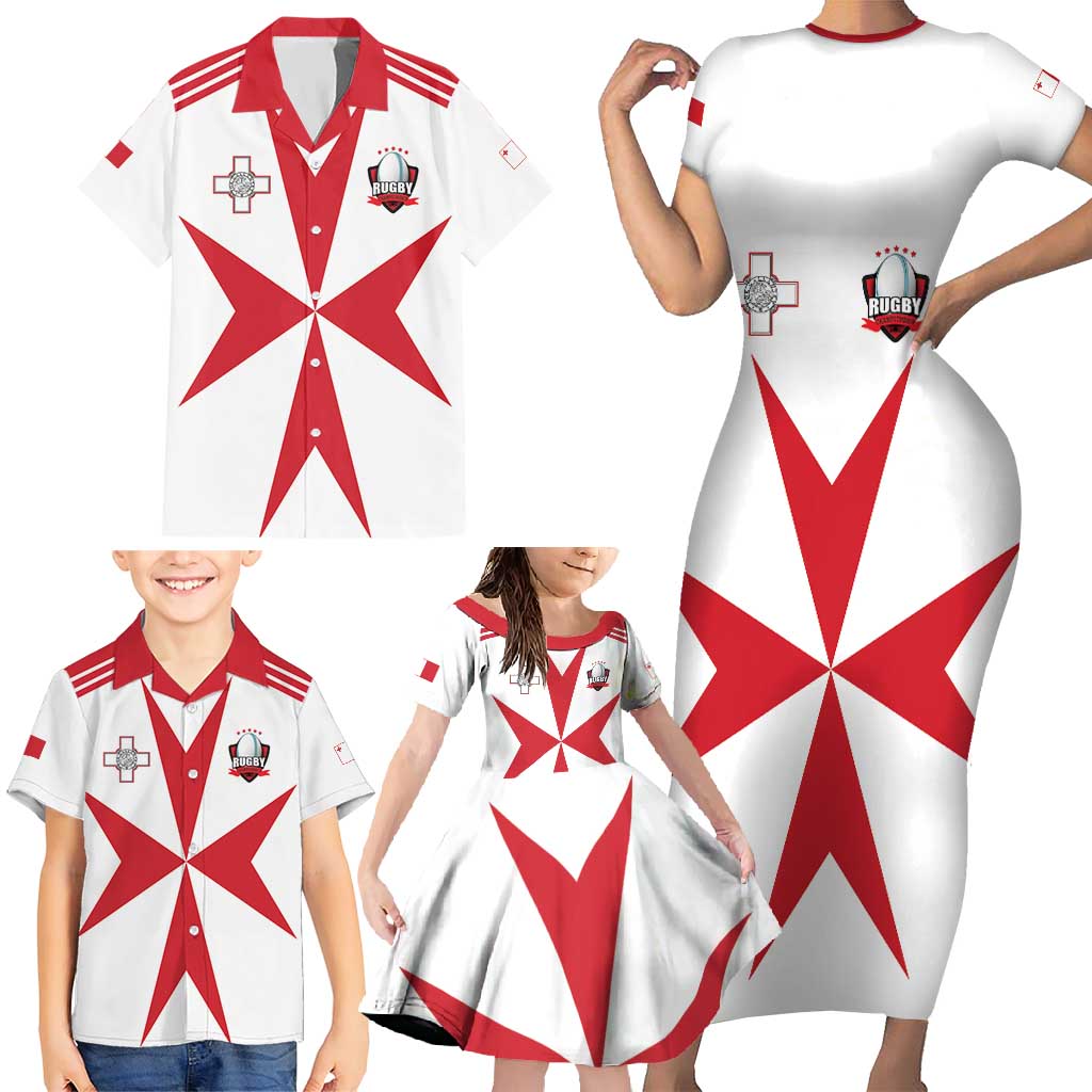 Custom Malta Rugby Family Matching Short Sleeve Bodycon Dress and Hawaiian Shirt Maltese Cross
