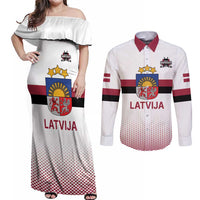 Custom Latvia Ice Hockey Champions Couples Matching Off Shoulder Maxi Dress and Long Sleeve Button Shirt Come on Latvija White style