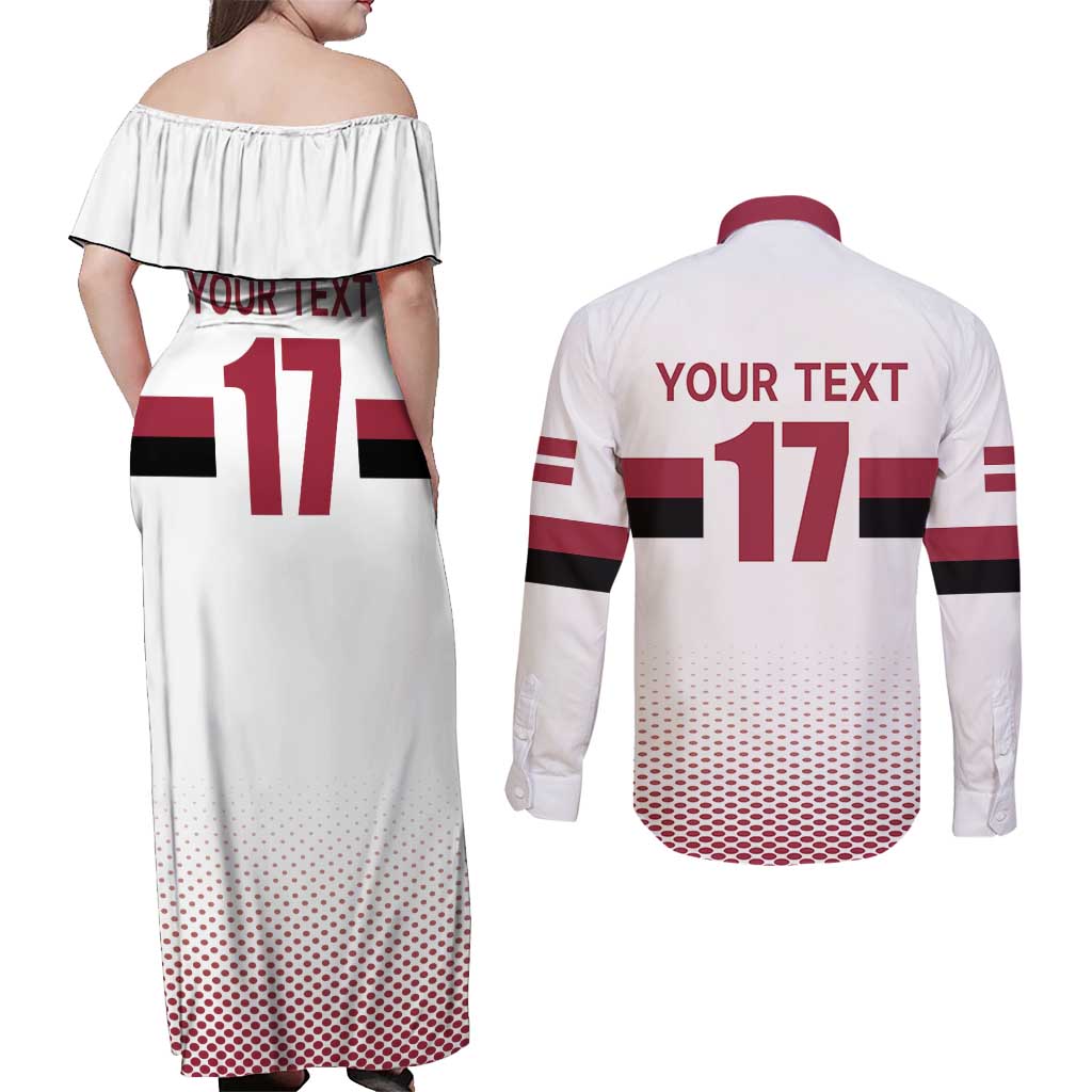 Custom Latvia Ice Hockey Champions Couples Matching Off Shoulder Maxi Dress and Long Sleeve Button Shirt Come on Latvija White style