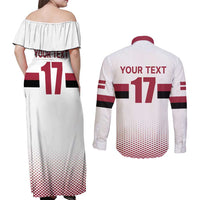 Custom Latvia Ice Hockey Champions Couples Matching Off Shoulder Maxi Dress and Long Sleeve Button Shirt Come on Latvija White style