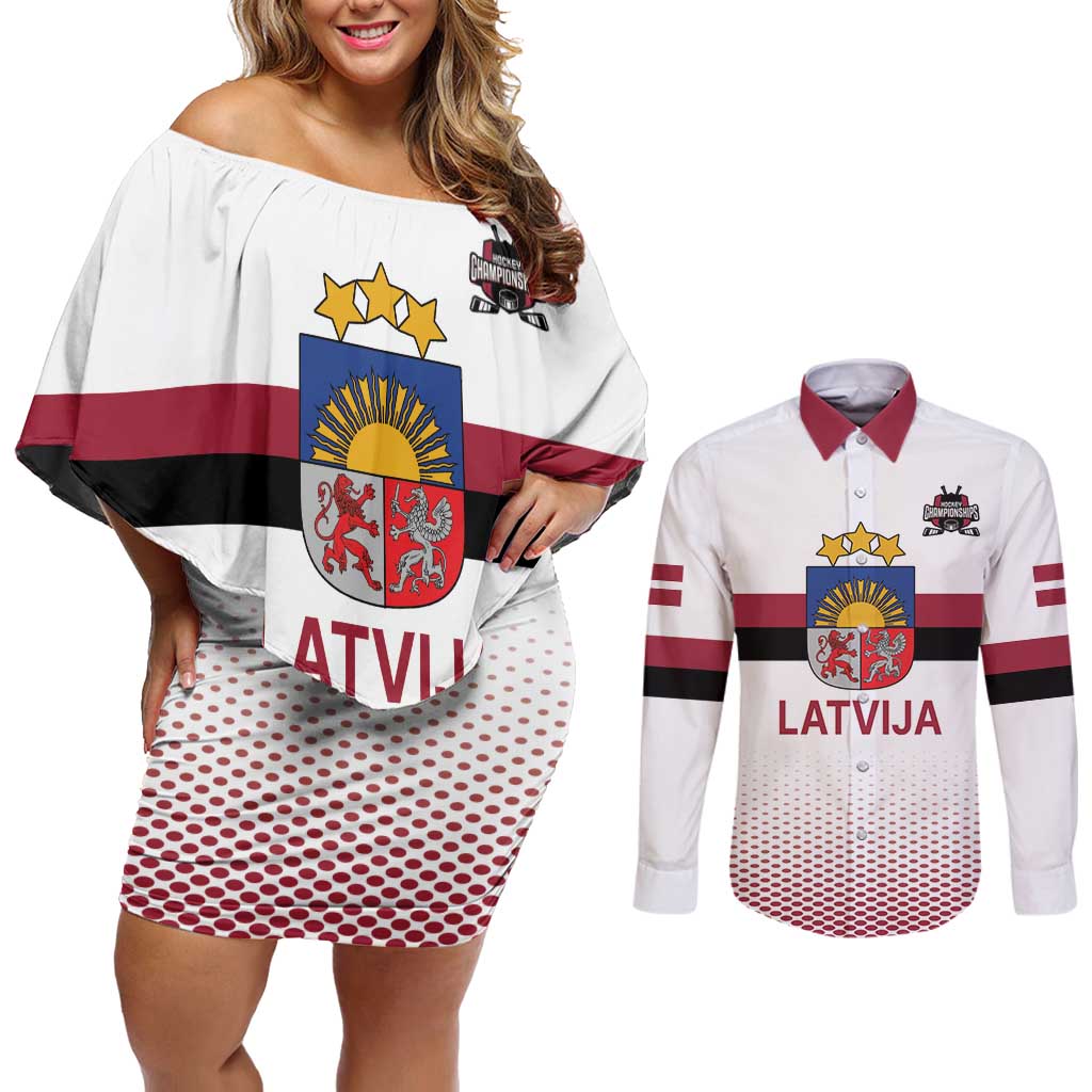 Custom Latvia Ice Hockey Champions Couples Matching Off Shoulder Short Dress and Long Sleeve Button Shirt Come on Latvija White style
