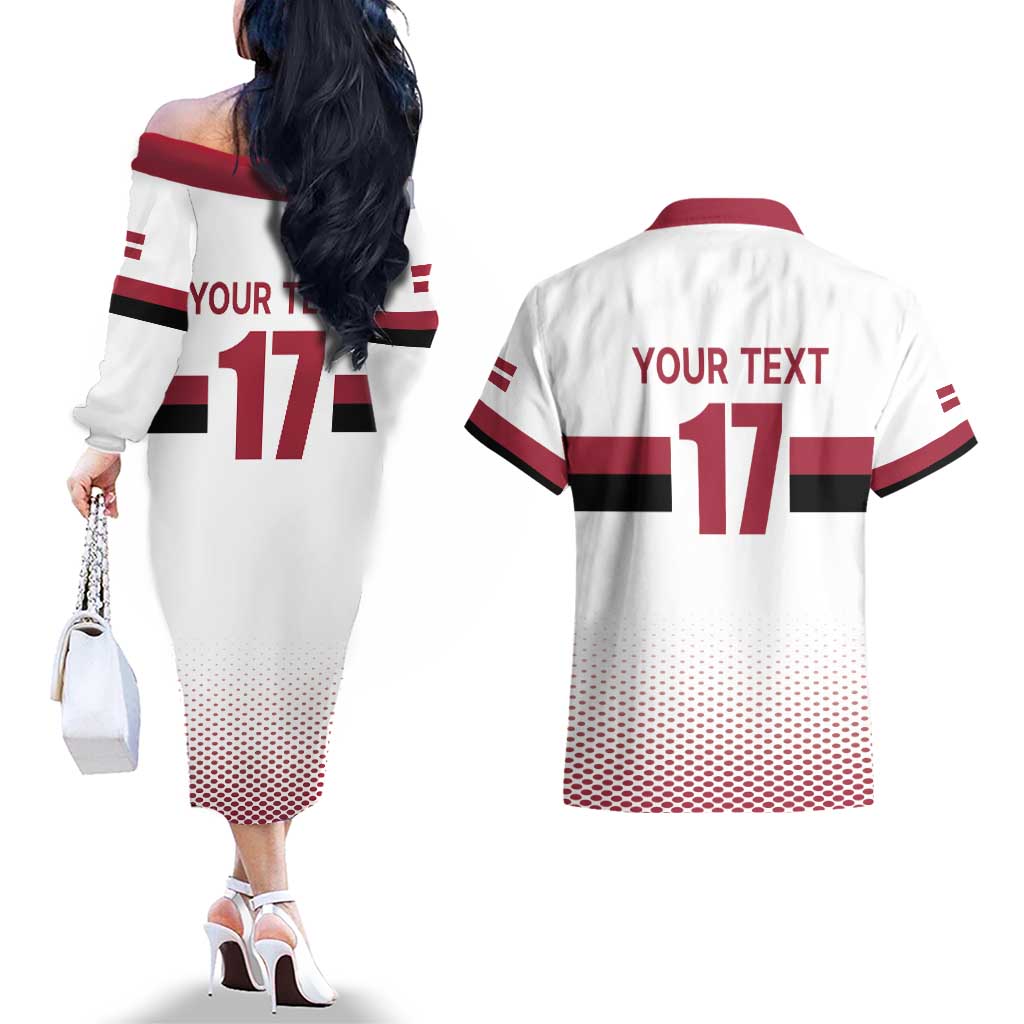 Custom Latvia Ice Hockey Champions Couples Matching Off The Shoulder Long Sleeve Dress and Hawaiian Shirt Come on Latvija White style