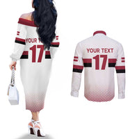 Custom Latvia Ice Hockey Champions Couples Matching Off The Shoulder Long Sleeve Dress and Long Sleeve Button Shirt Come on Latvija White style