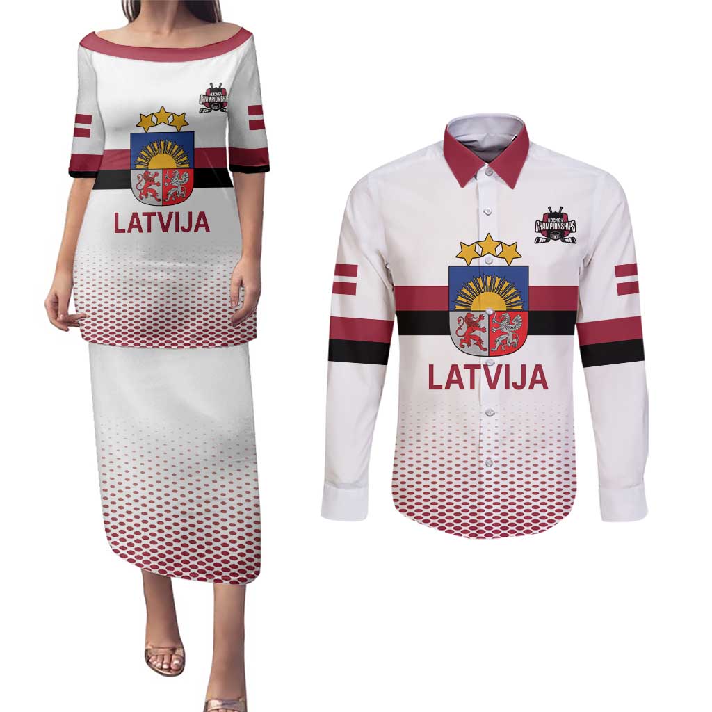 Custom Latvia Ice Hockey Champions Couples Matching Puletasi and Long Sleeve Button Shirt Come on Latvija White style
