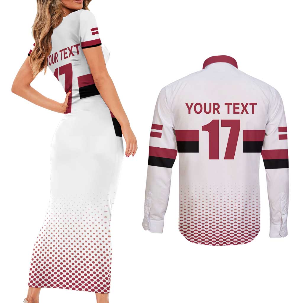 Custom Latvia Ice Hockey Champions Couples Matching Short Sleeve Bodycon Dress and Long Sleeve Button Shirt Come on Latvija White style