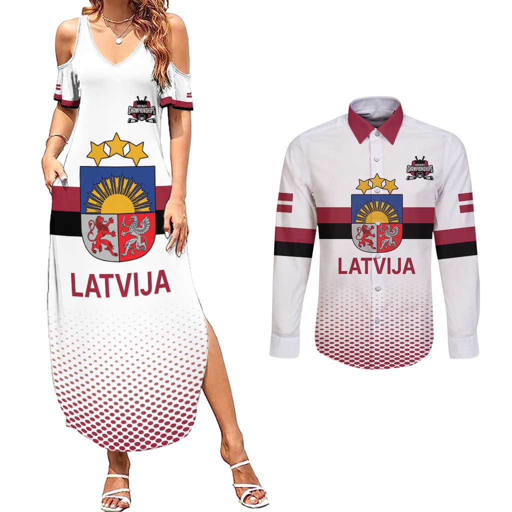 Custom Latvia Ice Hockey Champions Couples Matching Summer Maxi Dress and Long Sleeve Button Shirt Come on Latvija White style