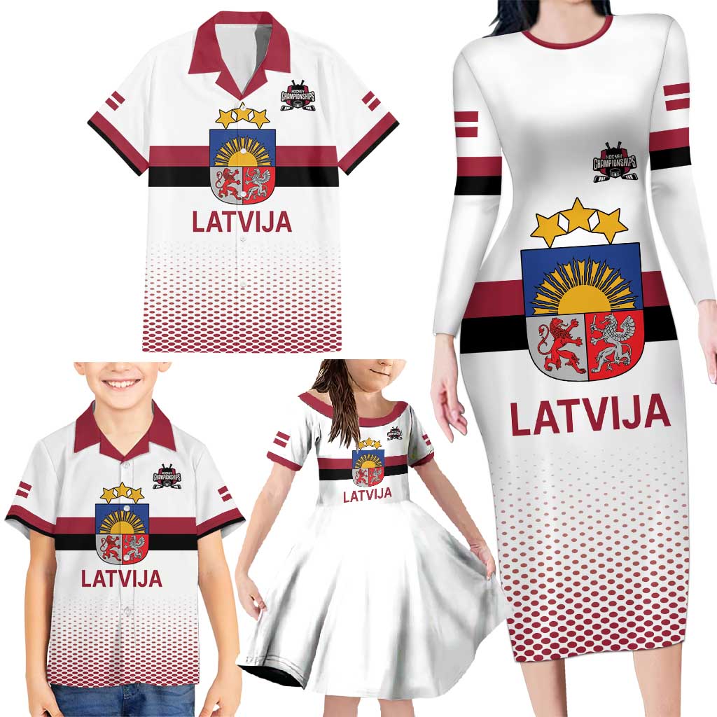 Custom Latvia Ice Hockey Champions Family Matching Long Sleeve Bodycon Dress and Hawaiian Shirt Come on Latvija White style