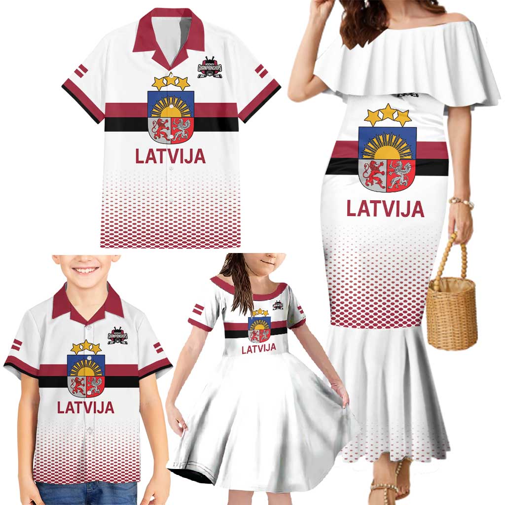 Custom Latvia Ice Hockey Champions Family Matching Mermaid Dress and Hawaiian Shirt Come on Latvija White style