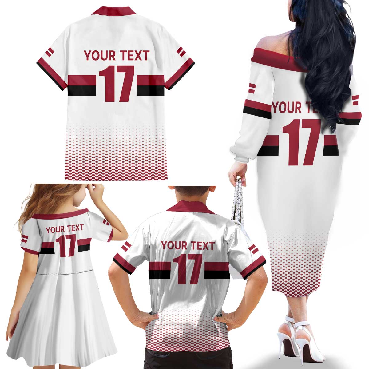 Custom Latvia Ice Hockey Champions Family Matching Off The Shoulder Long Sleeve Dress and Hawaiian Shirt Come on Latvija White style