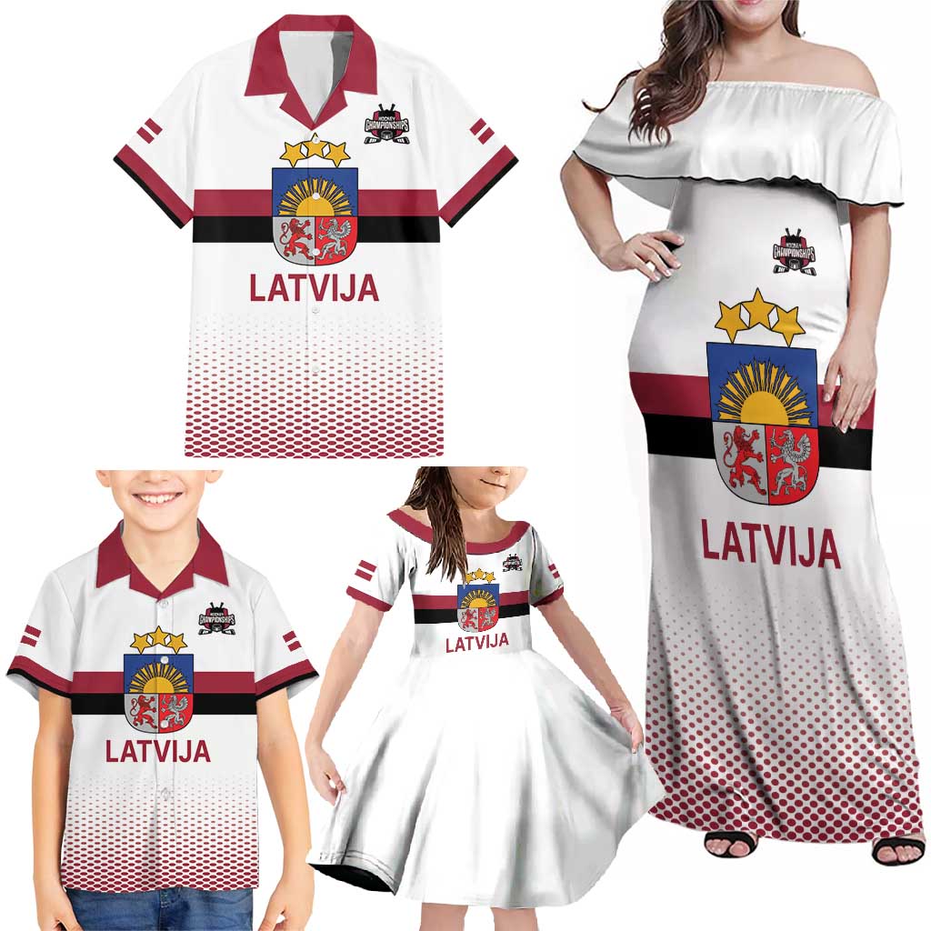 Custom Latvia Ice Hockey Champions Family Matching Off Shoulder Maxi Dress and Hawaiian Shirt Come on Latvija White style