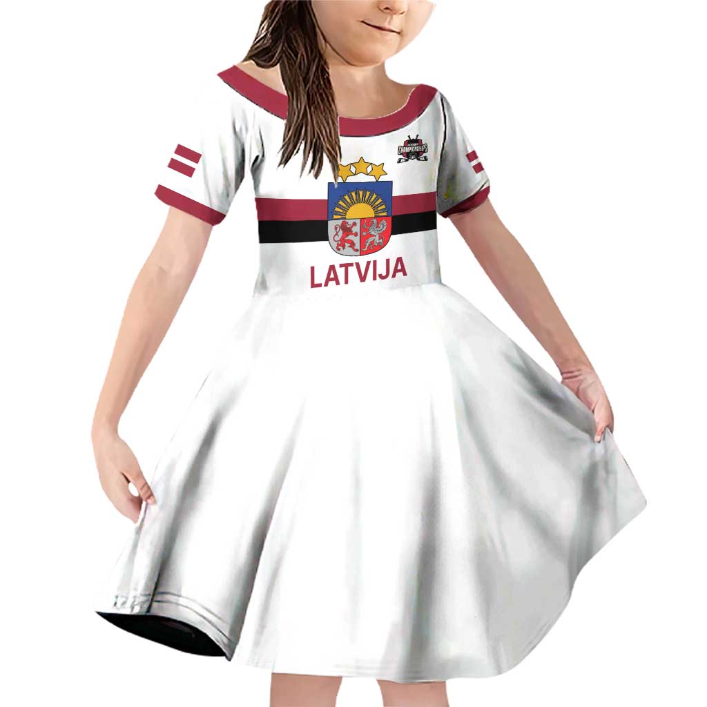 Custom Latvia Ice Hockey Champions Family Matching Off Shoulder Short Dress and Hawaiian Shirt Come on Latvija White style