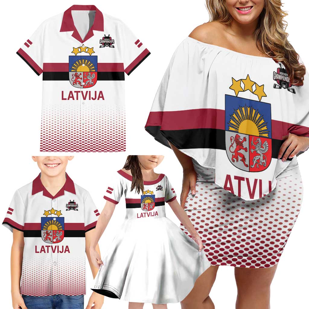 Custom Latvia Ice Hockey Champions Family Matching Off Shoulder Short Dress and Hawaiian Shirt Come on Latvija White style