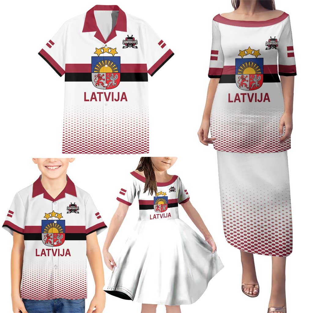Custom Latvia Ice Hockey Champions Family Matching Puletasi and Hawaiian Shirt Come on Latvija White style